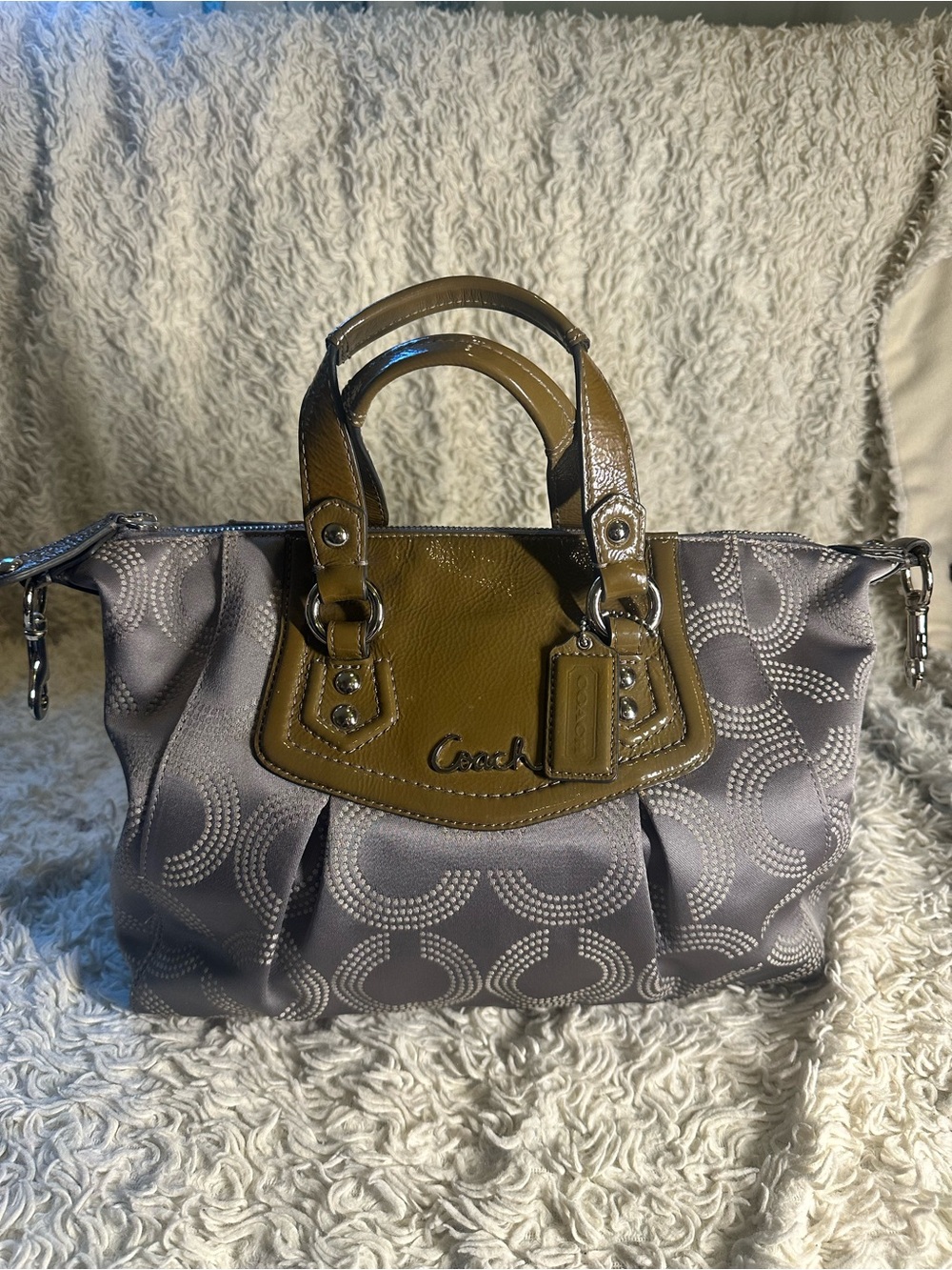 Coach Madison Op Art Maggie Satchel Gray Jacquard Olive Patent Leather Y2K Bag